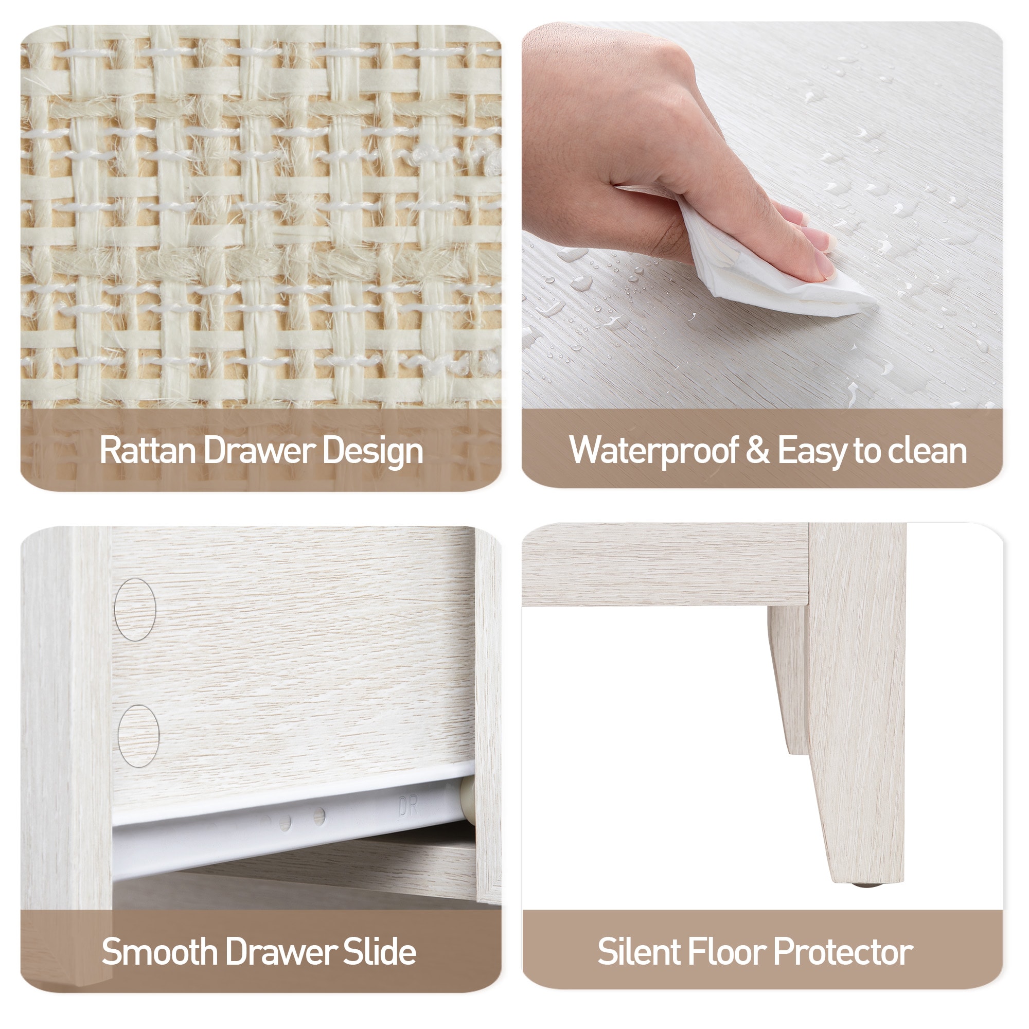 Grayish White Rattan Bedside Table With Storage Drawer For Bedroom_voghion.com